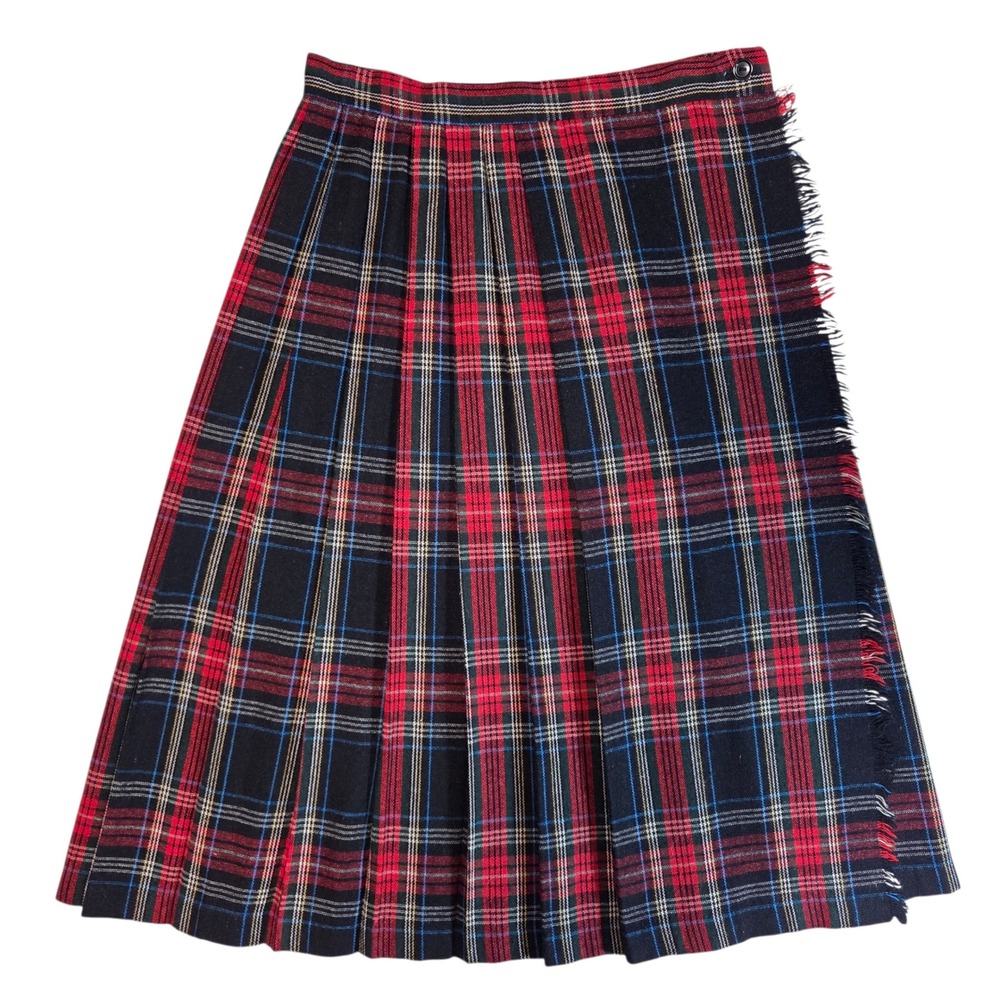 Vtg Red Plaid Wool Midi Skirt Womens Small Fringe Outlander Old Money Preppy 90s